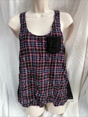 Body Central Navy Red Black Plaid Tank Top with Pocket